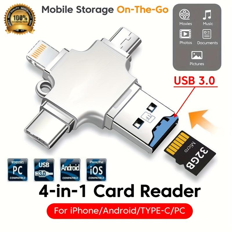 4-in-1 USB 3.0 OTG Adapter with SD/TF Card Reader, Type-C & Lightning Ports - Multifunctional Mobile Storage for iPhone iPad Android Phones, Transfer Files Across Devices