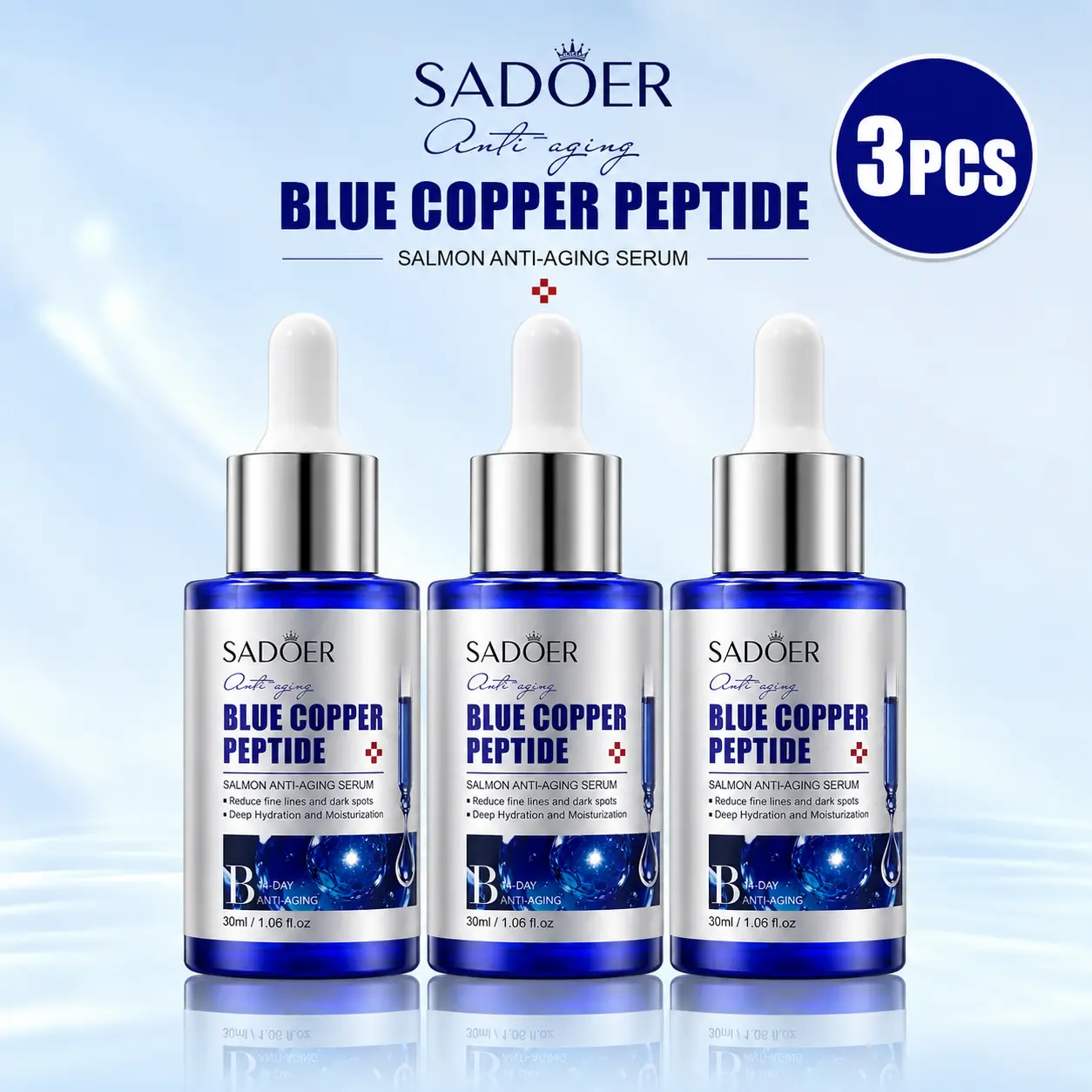 3pcs Blue Copper Peptide Serum with GHK-Cu & Hyaluronic Acid, Hydrating Anti-Aging Copper Peptide Serum for Face & Neck, Firming Daily Skincare for Fine Lines, Lightweight Non-Greasy, 30ml