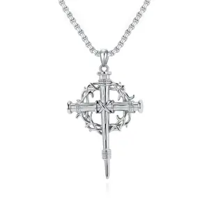 Nail Stainless Steel Cross Necklace 22"+2", 14K Silver Plated Christian Cross Pendant Jewelry for Men Women