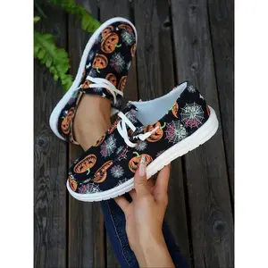 Halloween Women's Breathable Non-Slip Canvas Sneakers, Pumpkin Ghost Pattern, Round Toe, Easy Elastic Laces Closure