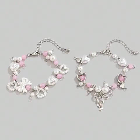 Mother's Day Gift Cute Sweetheart Bow Pendant Imitation Pearl Pretty Bracelet Set, Beautiful Bracelets, Festive Gift Set, Faux Pearl Jewelry, 2 Pieces for Friends Couples Gift, Perfect Valentine's Day Present