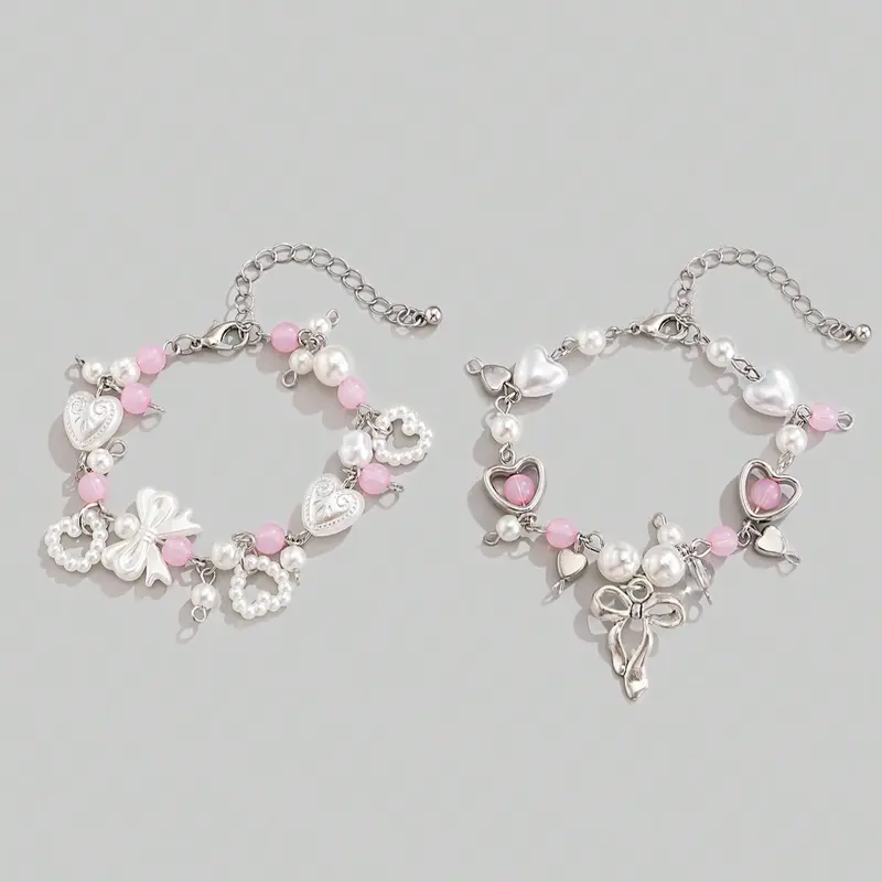 Mother's Day Gift Cute Sweetheart Bow Pendant Imitation Pearl Pretty Bracelet Set, Beautiful Bracelets, Festive Gift Set, Faux Pearl Jewelry, 2 Pieces for Friends Couples Gift, Perfect Valentine's Day Present