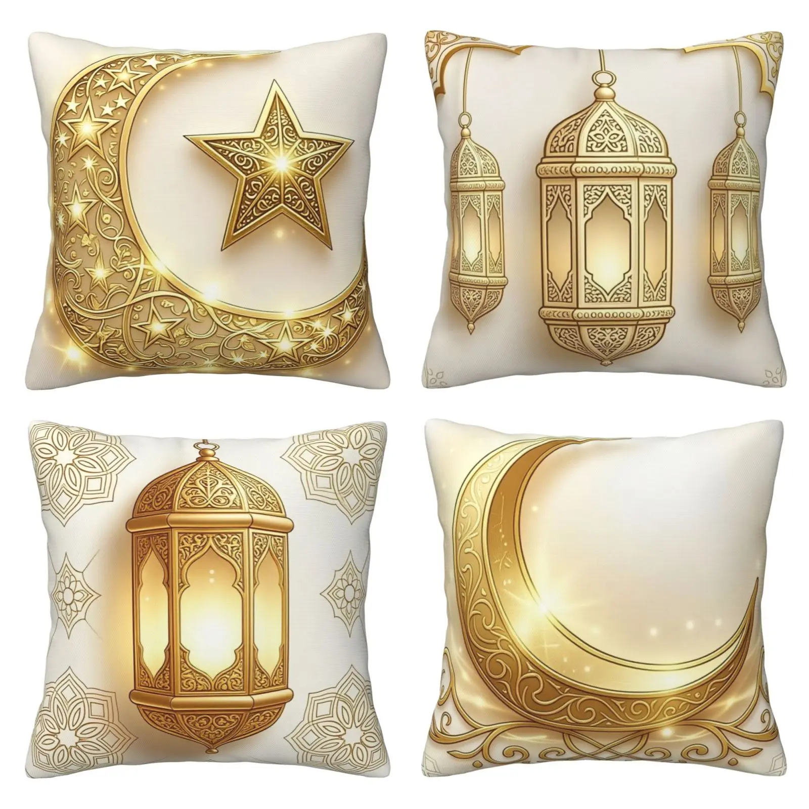 Crescent shaped pillowcase four piece set, elegant traditional star shaped lantern Ramadan gold decorative pillowcase set, suitable for decoration in living rooms, apartments, beds, sofas, 4-piece set with double-sided printing