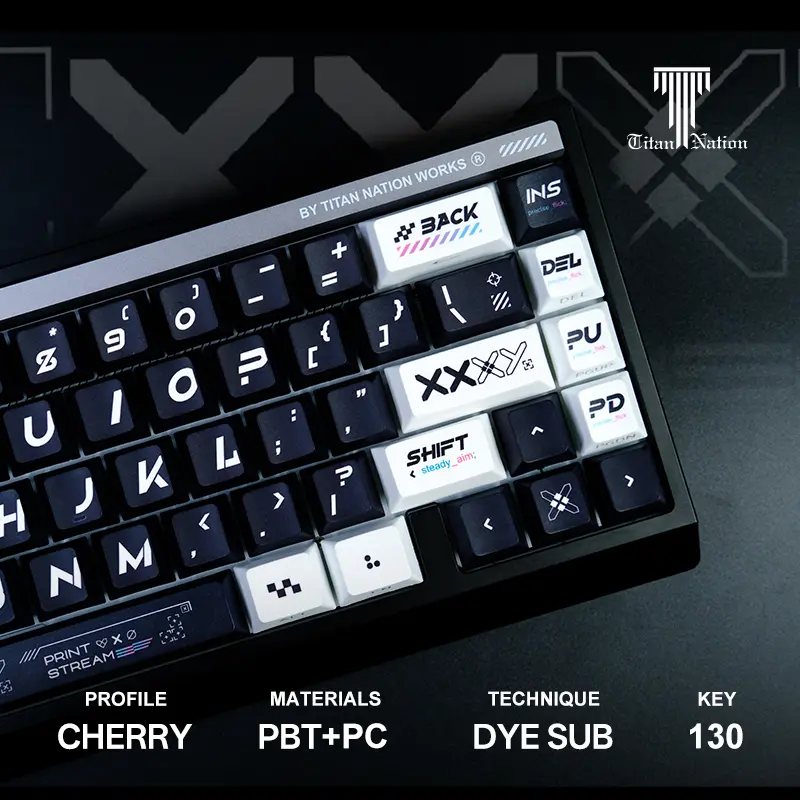 TITANNATION Printed  Black and White keycaps ,PBT and PC materials 130-Key Keycap Set（only keycap, not include a keyboard）