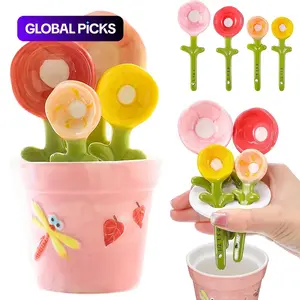 4 Pack Cute Ceramic Flower Measuring Spoons Set with Base, Decorative Flower Pot Measuring Spoons and Cup Set Measuring Spoons with Capacity for Milk Powder Sugar Salt, Flower Baking Scale Spoons for Home and Kitchen Utensils Kitchenware Cooking