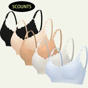[6counts]Women's Solid Scallop Trim Wireless Push Up Bra, Soft Comfy Breathable Lingerie Top for Daily Wear, Lingerie for Women,Women's Underwear for All Seasons, Clothing, Bra Pack, Womenswear, Bra Sets Basic Minimalist