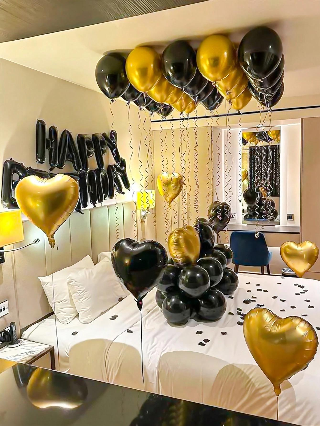 Black & Gold Birthday Balloon Decoration Set , Luxury Happy Birthday Party Decor , TikTok Viral Room Setup