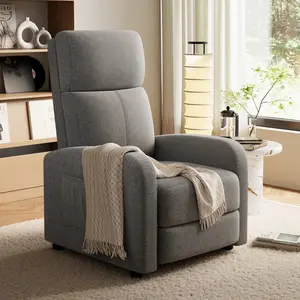 Manual Push-Back Recliner Single Sofa – High Backrest, Wide Armrests, Thick Soft Cushion, Adjustable Reclining, Lumbar Support & Side Pocket – Cozy Upholstered Chair for Living Room, Bedroom, Home Theater