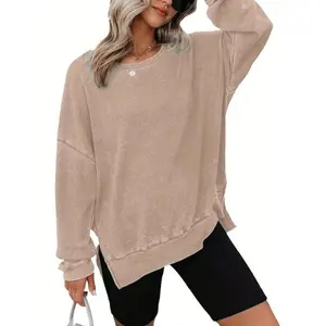Soft Waffle Sweatshirt | Soft Beige Women’s Waffle Sweatshirt | Crewneck Long Sleeve Casual Pullover with Side Slit, Machine Washable, Waffle Long Sleeve, Spring/Fall Clothing, Durable Casualwear, Relaxed Fit