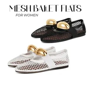 CYNLLIO Mesh Ballet Flats for Women Round Toe Fishnet Flats Metal Studded Mary Jane Shoes Comfortable Daily Dress Casual Office Shoe Spring Ballerina Cute Shoes Gifts for Her