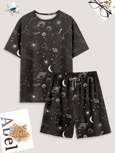 Men's Galaxy Print Sleepwear Set, Casual Fitted Underwear for All Seasons, Comfortable Pajama for Daily Relaxation