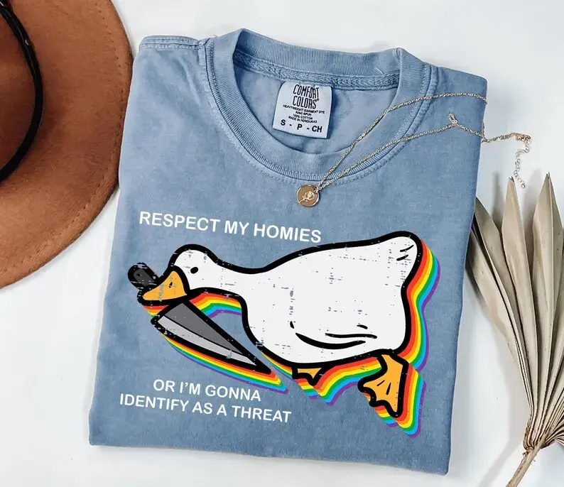 Men's Comfort Colors Short-Sleeve Casual Apparel - Funny Goose With Knife Graphic T-Shirt, Respect My Homies Or I'm Gonna Identify As A Threat Meme Tee, Classic Vintage Retro Animal Humor Unisex Fabric Shirt, Tops, Shortsleeve