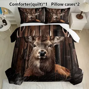 Rustic Deer Bedding Set, Includes 1 Comforter & 2 Pillowcases, Perfect for Wildlife Cabin Decor, Synthetic Fiber Material