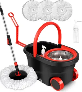 Spin mop and Bucket with Wringer Set，Spin Mop and Bucket with Wringer Set for Home，Stainless Steel 360 Floor Mop Bucket on Wheels，3 Microfiber Mop Replacement Heads and Adjustable Handle (Black)