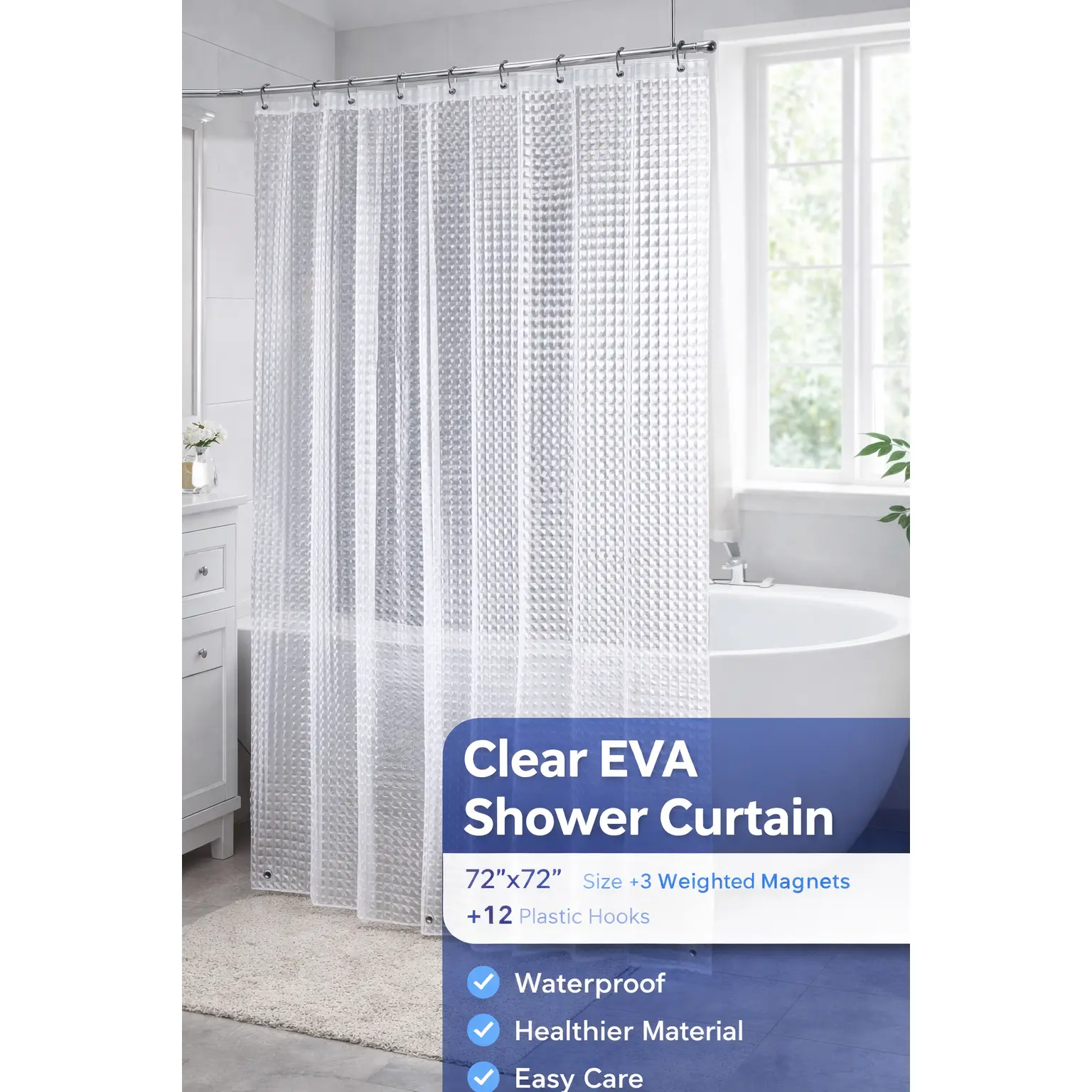 HTA Clear Shower Curtain 72x72 – EVA Waterproof Liner with 3 Magnets, Anti-Mold & Anti-Bacterial, Bathroom Accessories, Decorative Gift