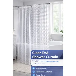 HTA Clear Shower Curtain 72x72 – EVA Waterproof Liner with 3 Magnets, Anti-Mold & Anti-Bacterial, Bathroom Accessories, Decorative Gift