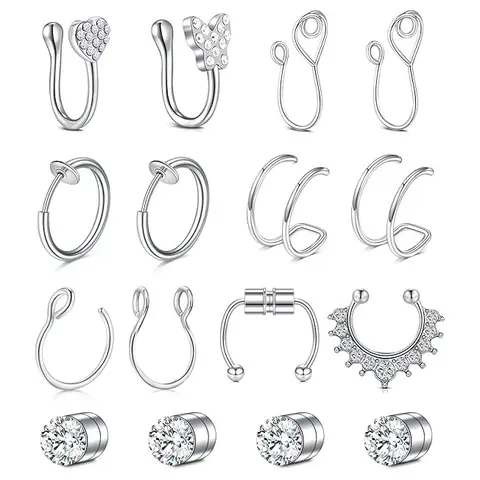 D.bella Punk Magnetic Stainless Steel Nose Rings Set - Fake Piercing Style Clip-On Hoop, Non-Piercing Hypoallergenic Stainless Steel Jewelry for Women, Daily Wear, Nose Piercing Jewelry