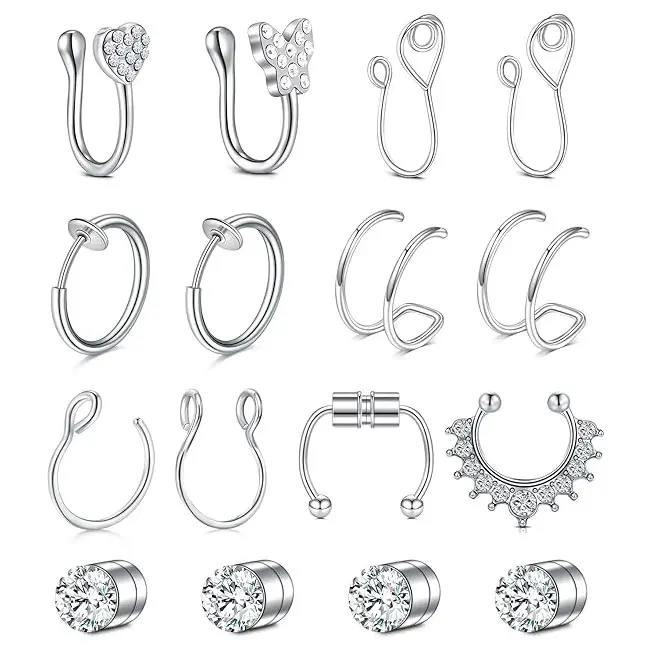 D.bella Punk Magnetic Nose Rings Set Fake Nose Ring Hoop Clip On Faux Nose Ring Earrings for Men Women Non-Piercing Hypoallergenic Stainless Steel Daily Wear