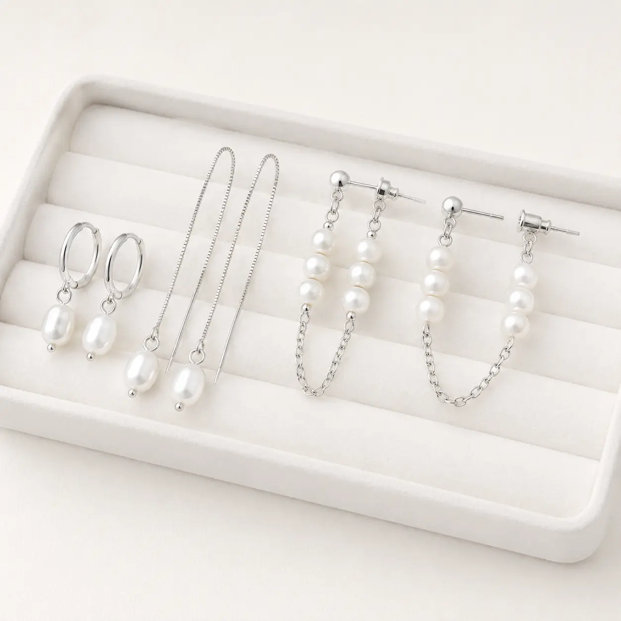 LOYALOVE Pearl Earrings Set for Women, 4-Pair Silver-Tone Hoop, Dangle & Threader Earrings, Minimalist Everyday Jewelry Gift