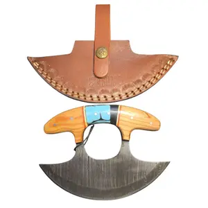 Damascus Ulu Knife with Decorative Wood Handle & Leather Sheath