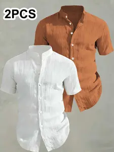 Men's Summer Casual Fitted Shirt, Breathable Comfort Fabric, Solid Color Short Sleeve Button-Up Top, Perfect for Beach Vacation
