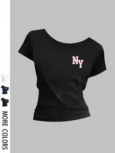 Trendy women's asymmetrical one-shoulder short-sleeve T-shirt - solid color slim casual top, sexy off-shoulder shirt, suitable for summer streetwear, parties, night outings, and daily wear ✨tiktokshopspringglowup