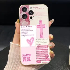 Phone Case Compatible with iPhone 13 12 Mini 11 Pro Max Pink Cross Quotes Pattern  Silicone Lens Protection Soft Cover Giving gifts to family and friends