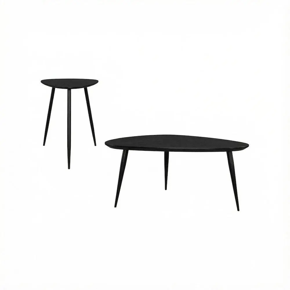 Furnifact Black 2-Piece Triangular Coffee and End Table Set with Mid-Century Style