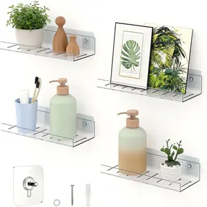 4 Pack Floating Shelves - Clear / Wall-Mounted No Drill Storage with Adhesive, Invisible Bathroom & Bedroom Shelving for Kitchen, Living Room, Transparent Decor