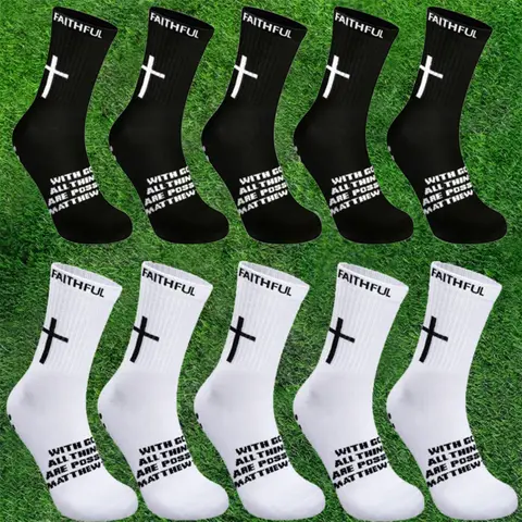 Women's Above-Knee French Terry Soccer Grip Socks - 2/4/6 Pairs Anti-Slip Dots, Cross Bible Verses Print, 4pair Workout Set for Athletic Activities