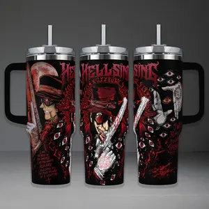 Hellsing Alucard Tumbler, 20oz & 40oz Insulated Travel Mug with Handle & Straw. "Bird of Hermes" Vampire Hunter Art Cup, Gothic Horror Anime Fan Merchandise, Perfect Gift for Dark Fantasy and Manga Lovers