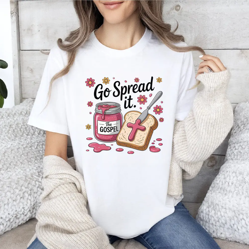 Colorful Graphic Women's T Shirt Slim Fit Casual Graphic Featuring 'The GOSPEL' Pink Jam Jar and Cross Illustrated Bread Design Playful 'Go Spread It Text with Delicate Pin, Festive Holiday Party Outfit for Adults, Seasonal Celebration