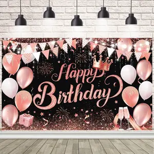 Rose Gold Happy Birthday Banner Birthday Backdrop Decoration Supplies Balloons and Crown Glitter Sequin Backdrop Photography Background Sign for Women and Girls Celebration Party Decor 70.8X43.3 Inch AIBIIN