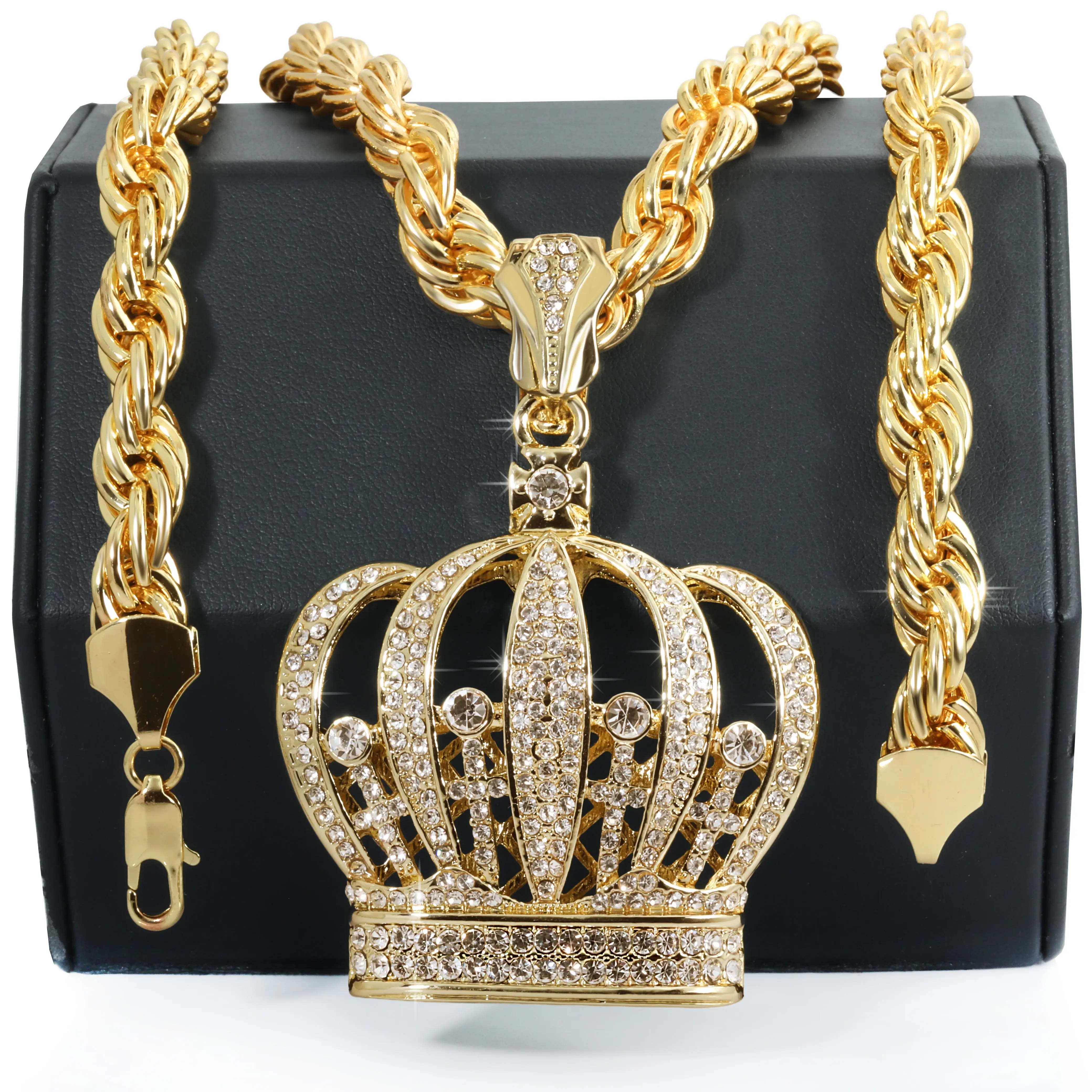 King Crown Fully Iced | 14K Rope Necklace Gold Plated 10mm King Crown Fully Iced | 14K Rope Necklace Gold Plated 10mm
