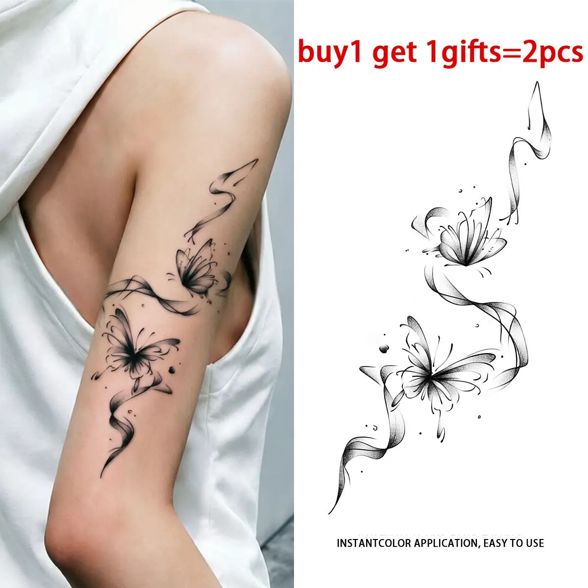 Wash Ribbon Butterfly Swirl Series Temporary Tattoo Stickers - 2 Sheets Long Lasting 30 Days Semi-Permanent Waterproof Sweat Resistant Fade Proof Non-Reflective Realistic Fake Body Tattoos