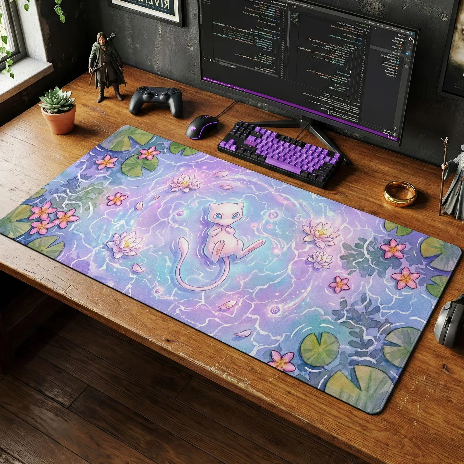 Mew Magical Watercolor Desk Mat, Dreamy Mouse Pad, Pastel Gaming Setup, Cute Anime Chair Mat