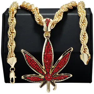 Red Marijuana Leaf Necklace | 10mm Rope Necklace Gold Plated