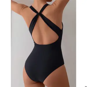 Swimsuit Vacation One-piece Casual Back Cross Solid Color Women Beach Summer Basics Swim SHEIN