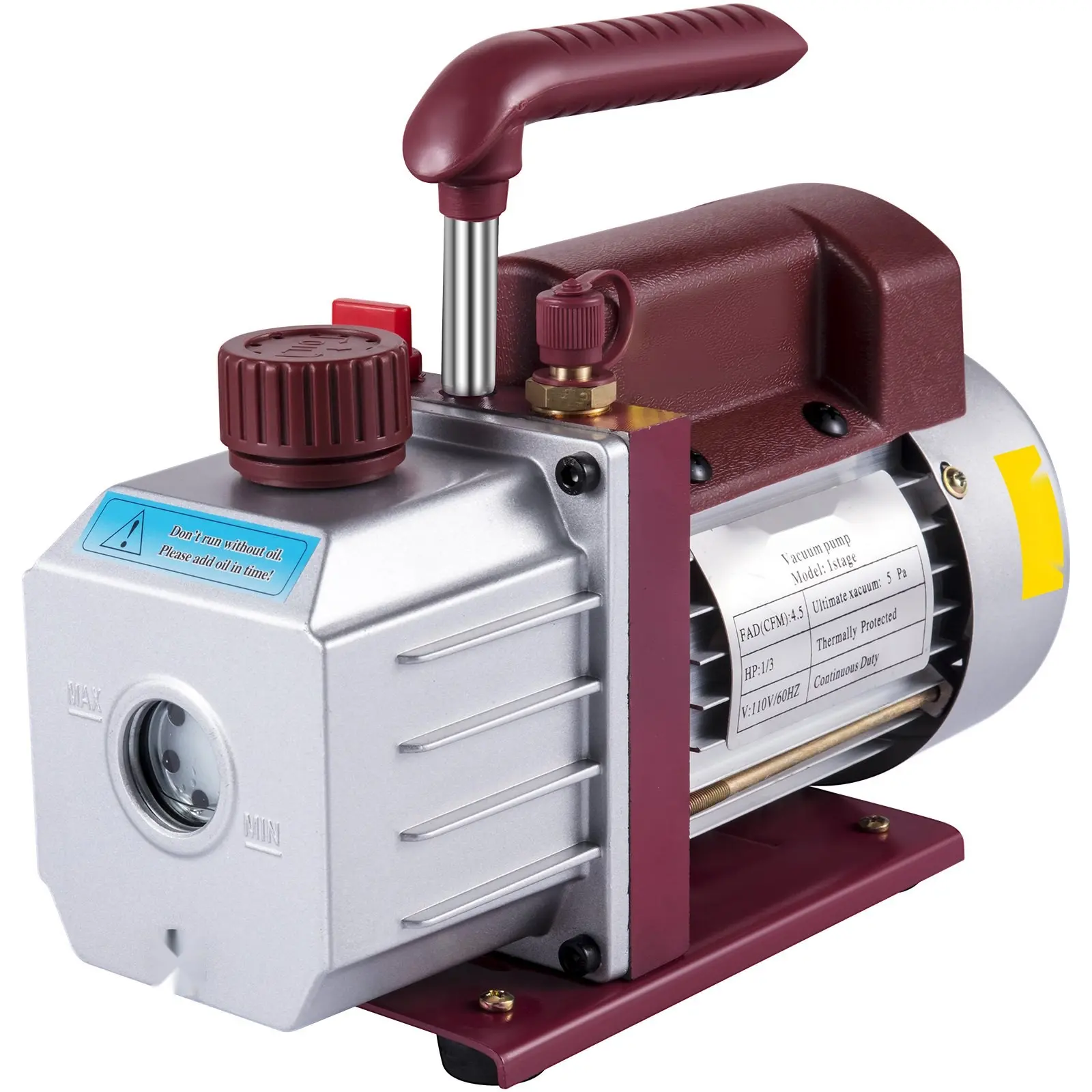 Vacuum Pump 4.5 CFM For HVAC Systems, Single-Stage Rotary Vane Vacuum Pump, 1/3 HP, 5 Pa Deep Vacuum, Ideal For Air Conditioning Refrigerant Evacuation And System Maintenance Procedures
