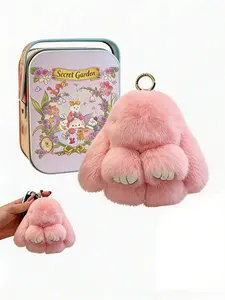 BunnyLulu Handmade Fluffy Bunny PomPom Keychain with Designed Tin Box, – Cute Eater Basket Gift, Travel Accessory & Birthday Present for Girls & Women