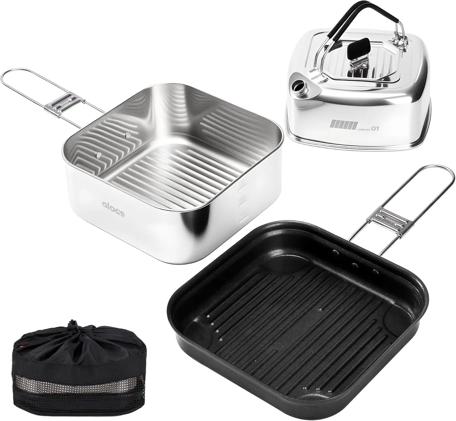 ALOCS Camping Cookware Set, Stainless Steel Pot, 7-inch Non-Stick Pan, Portable Kettle, Outdoor Cooking System with Carry Bag for Kitchen, Picnic, Hiking, Backpacking,Fishing and Campfire
