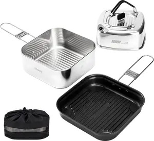 ALOCS Camping Cookware Set, Stainless Steel Pot, 7-inch Non-Stick Pan, Portable Kettle, Outdoor Cooking System with Carry Bag for Kitchen, Picnic, Hiking, Backpacking,Fishing and Campfire