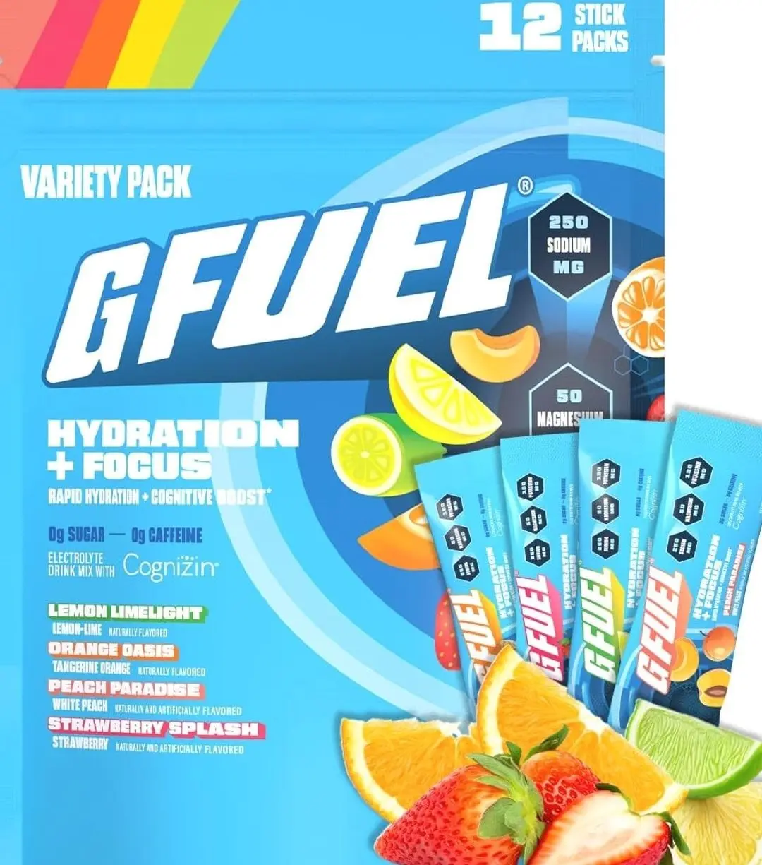 G Fuel Electrolytes Powder for Instant Hydration and Focus | Sugar Free Electrolytes Variety Pack of Lemon, Orange, Peach, Strawberry, Nootropic Drink Mixes to Sharpen Mental Focus, 12 Servings