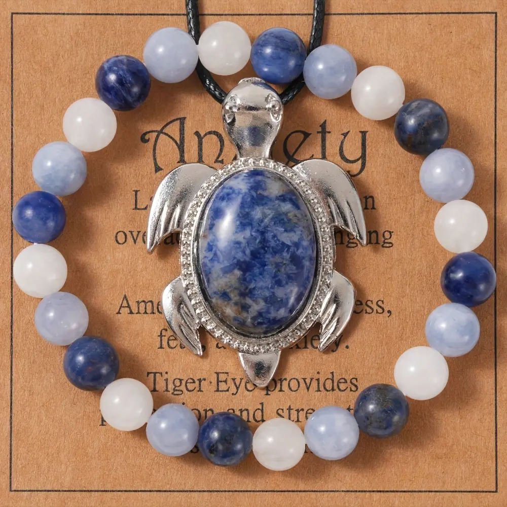 Unisex 2-Piece Animal Jewelry Set - 1pc Lapis Lazuli Pendant Necklace + 1pc White Turquoise Beaded Bracelet, Adults' Daily Wear Meaningful Gifts, 1Pc Necklace+1Pc Bracelet