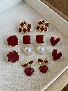 Vintage Elegant Heart Bow Drop Earrings Set, Geometric Oil Velvet Earings for Women, Daily Commute Holiday Party New Year Wear