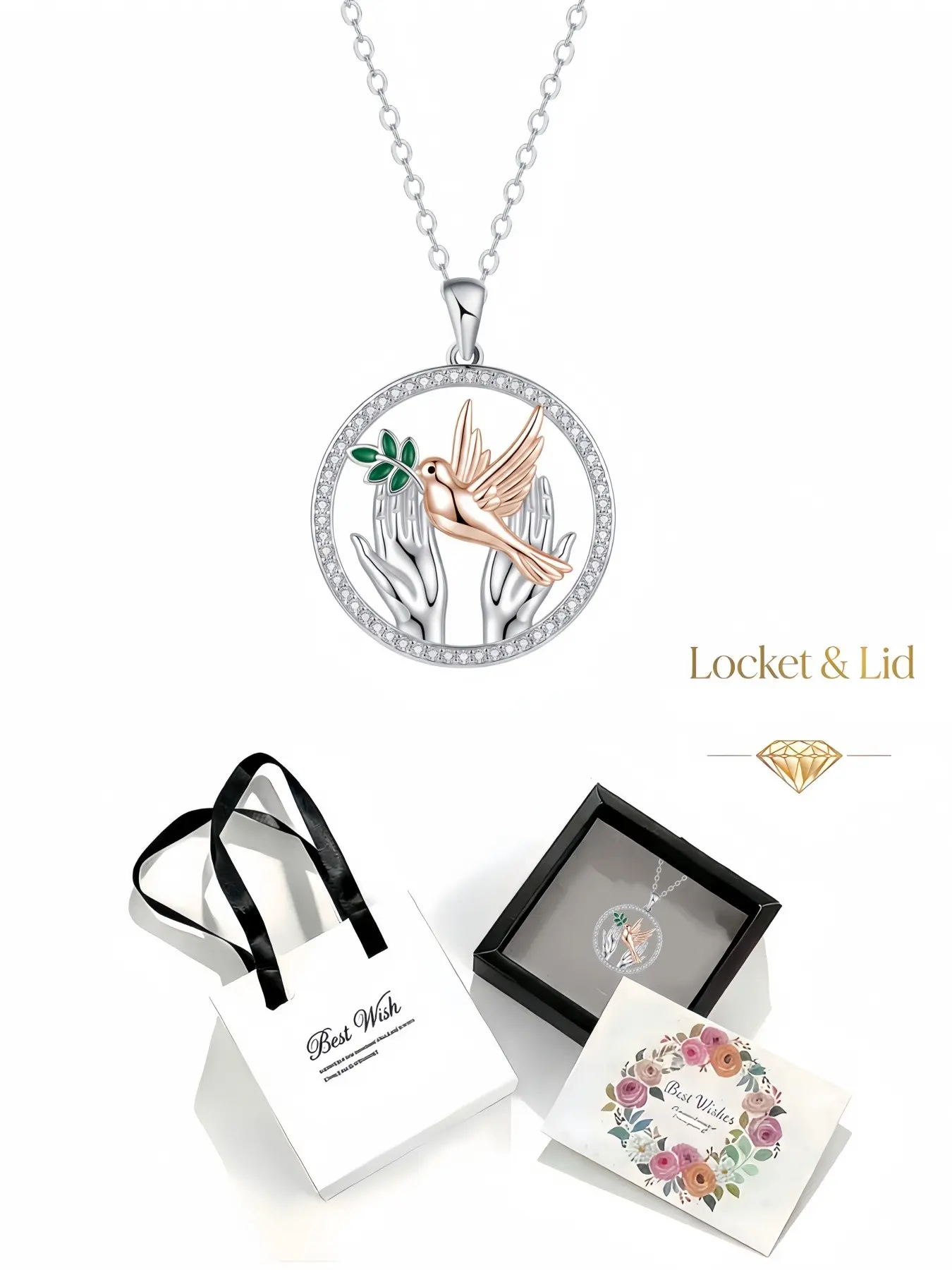 Guardian Wings Unique peace dove necklace with two-tone rose gold full diamond pendant. Packed in delicate drawer jewelry box. Ideal gifts for birthday, Mother's Day, Valentine's Day, Christmas and anniversary.