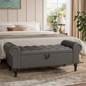 Storage Bench for Bedroom, 51" Full Queen Storage Bench, Upholstered Bedroom Bench with Rolled Arms and Vintage Rivets for Living Room, Storage Room, Entryway, Gray Cushioned Stool