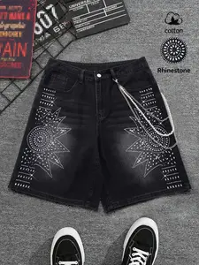 Men's Rhinestone Jean Bermuda Shorts, Summer Loose Fit Knee-Length Pants, Sun Pattern Design, Multi-Pocket, Pearl Chain Accessory Included, Menswear
