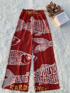 Vintage Sardine Print Wide-Leg Palazzo Pants Hand-Drawn Nautical Pattern Design Women Trousers for Coastal Outfits #SpringStatements