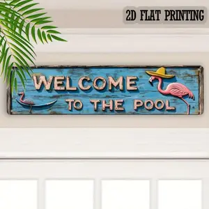 Welcome to the Pool Aluminum Sign 40x10cm Rustic Wall Decor with Flamingo Crane for Backyard